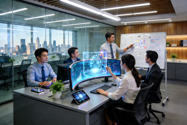PG国际团队在现代化科技办公室中协作的工作场景